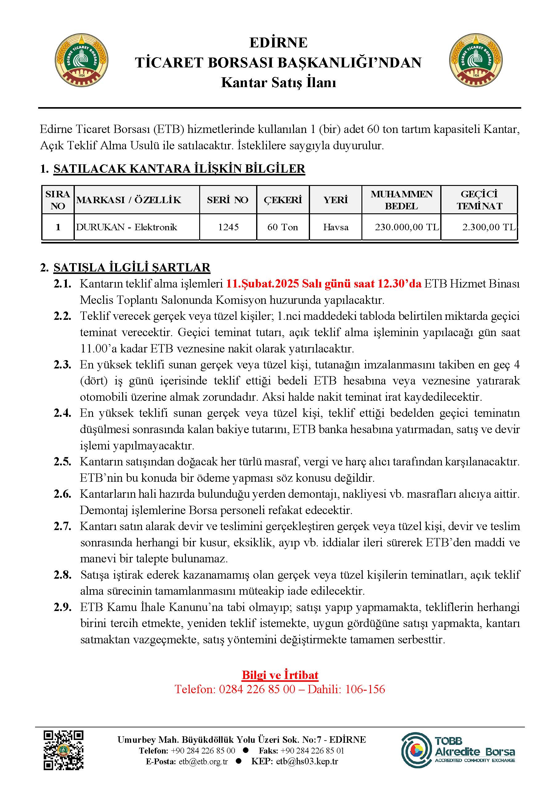 Kantar Satış Duyurusu